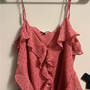American Eagle Outfitters Coral Polka Dot Ruffle Blouse